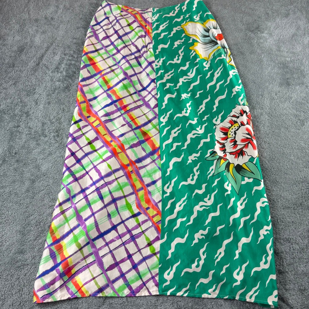 Me369 Luna Artisan Tie Front Skirt Green Floral Plaid Midi Size XS Viscose - Picture 7 of 11